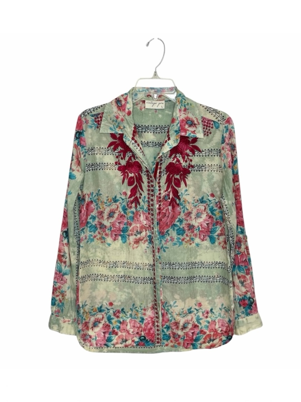 Vintage Goa Floral Embroidered Blouse Size L Sage Green Cotton Button Down Boho